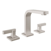 Polished nickel widespread lavatory faucet with curved spout and two lever handles on square bases.