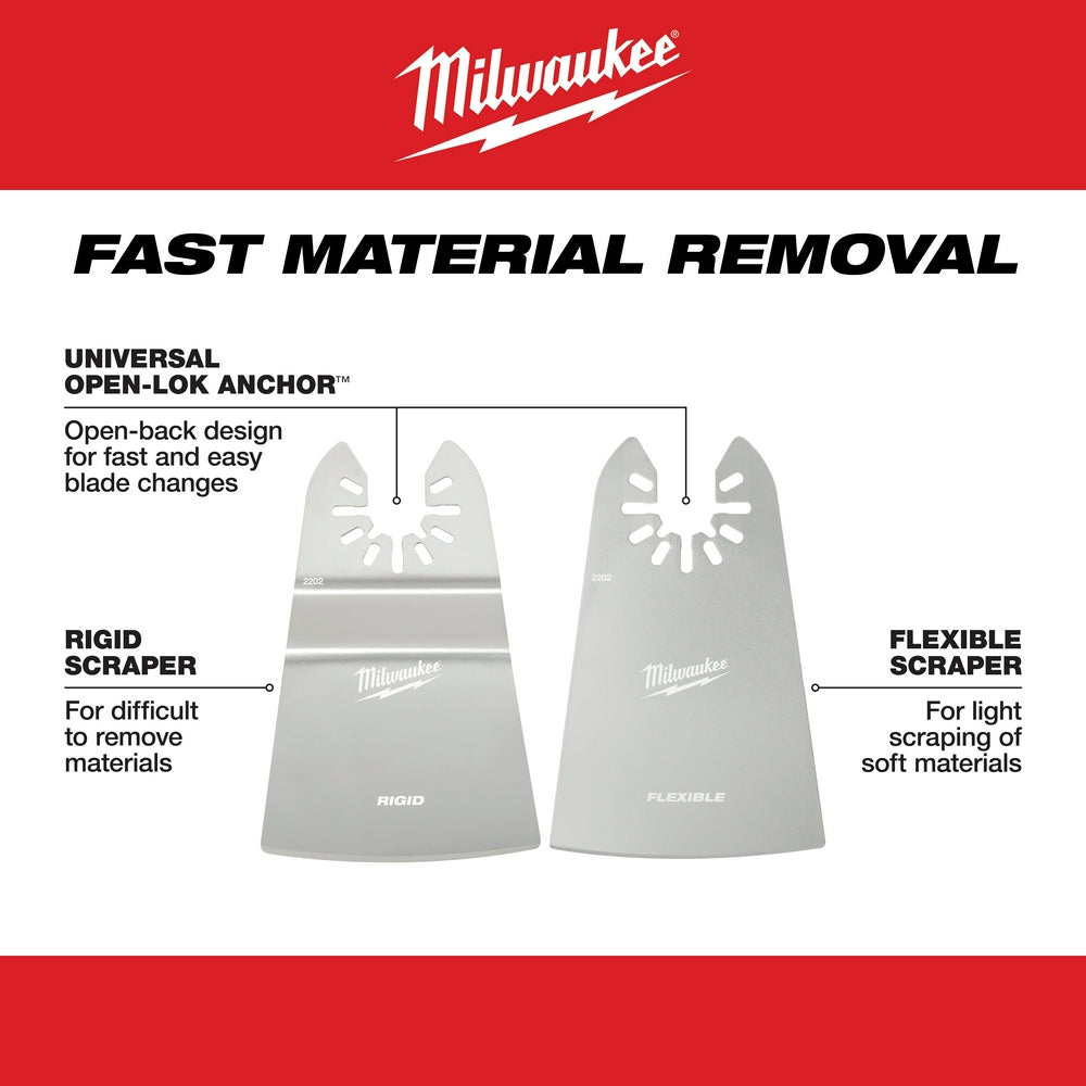 Two Milwaukee 2-inch scraper blades with OPEN-LOK anchor: rigid scraper on left, flexible scraper on right.