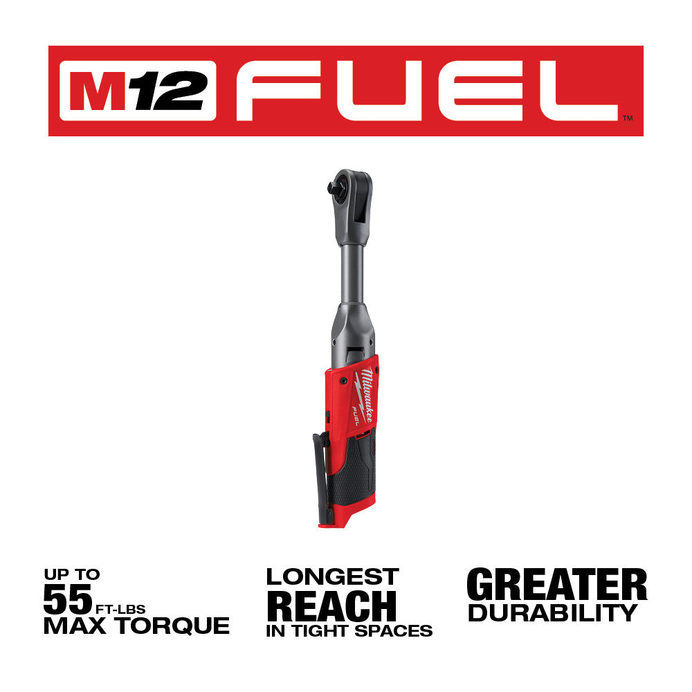 Red and black Milwaukee M12 FUEL cordless ratchet with extended reach design and grip handle.
