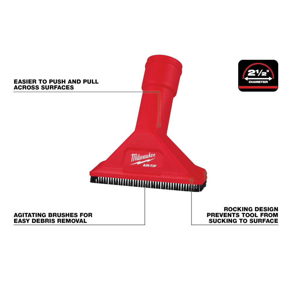 Red Milwaukee AIR-TIP utility nozzle with black bristle brush strip and rounded handle for push-pull movement.