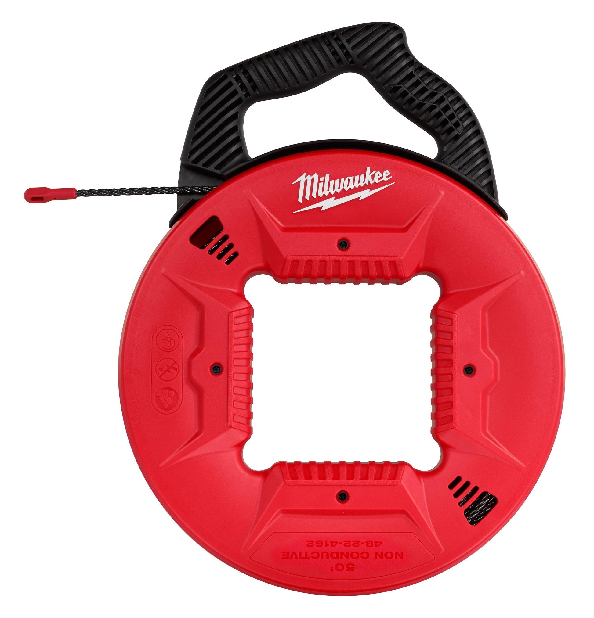 Red Milwaukee fish tape reel with black handle and dark polyester tape extended from the spool.