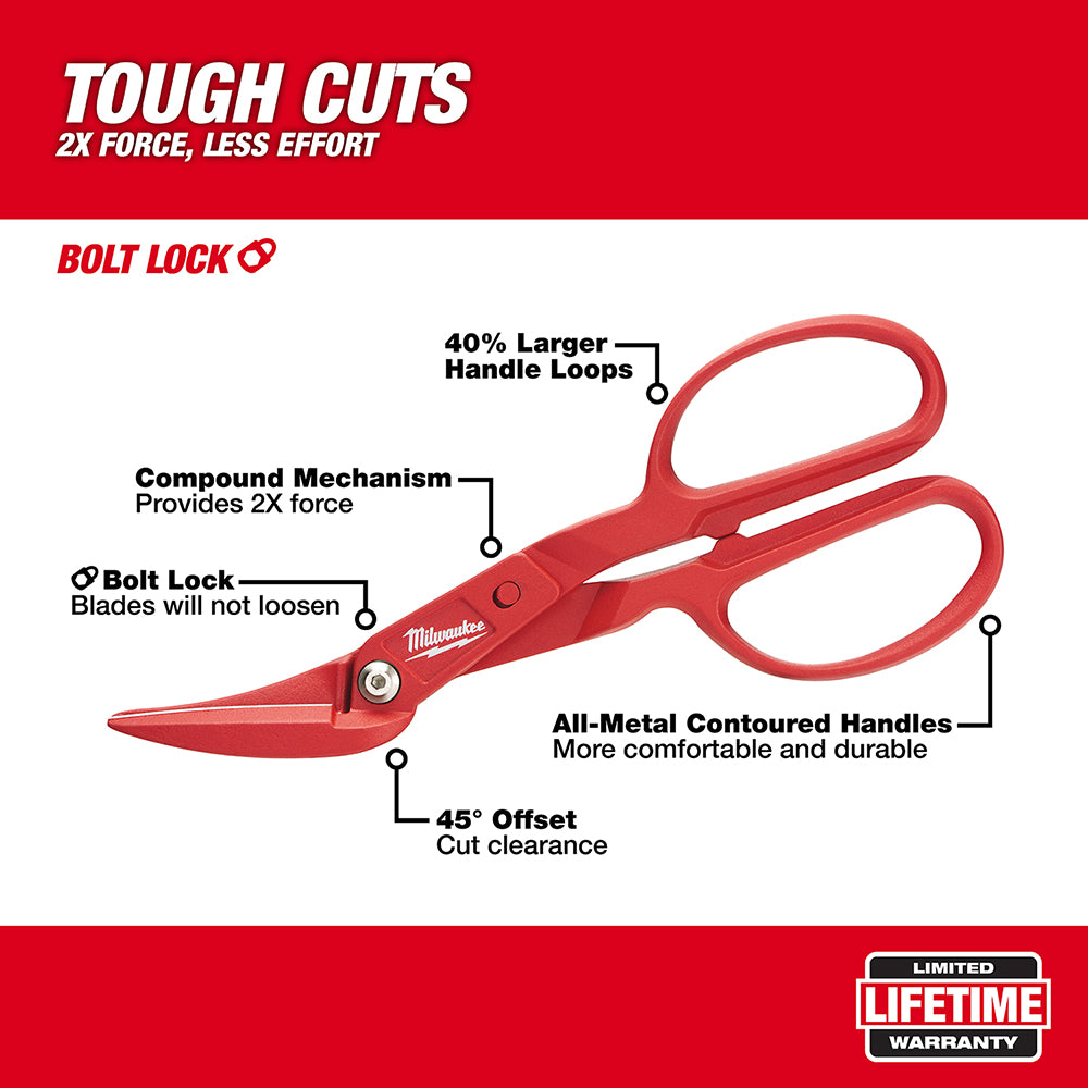 Red compound tinner with offset blades, large handle loops, and all-metal contoured handles.