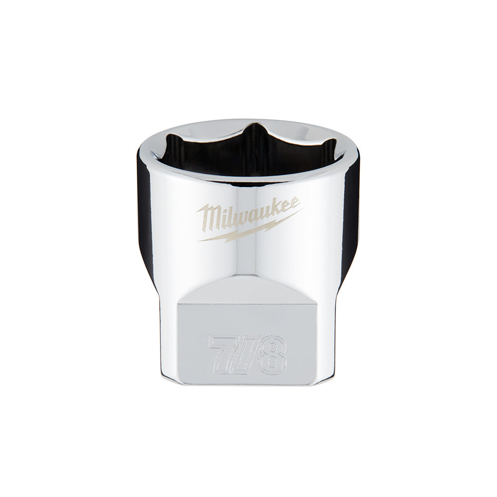 Milwaukee chrome socket with 6-point interior, black grip band, and 7/8 size marking on hexagonal base.