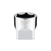 Milwaukee chrome socket with 6-point interior, black grip band, and 7/8 size marking on hexagonal base.