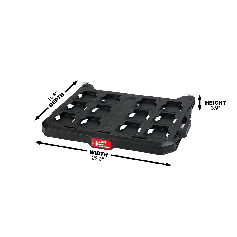 Black Milwaukee PACKOUT racking shelf with multiple square compartments, 22.3" wide, 16.6" deep, 3.9" height.