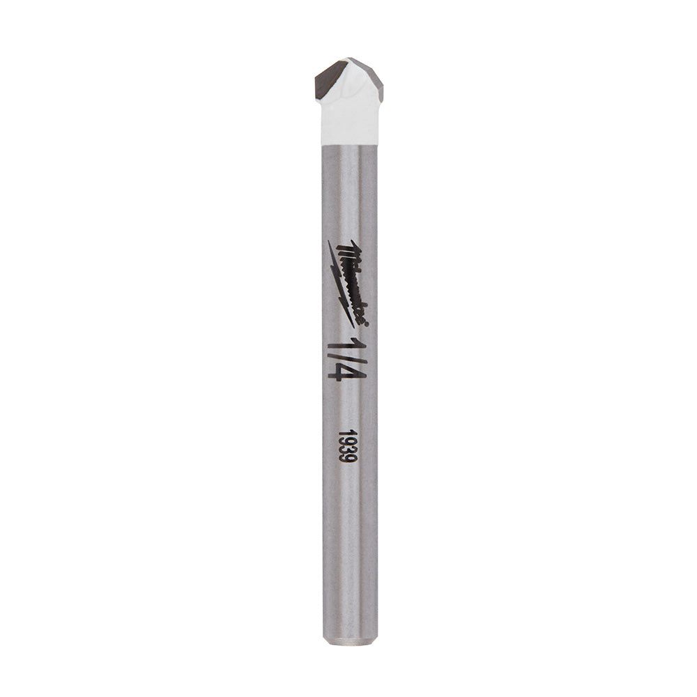 Milwaukee 1/4 inch tile and stone drill bit with carbide tip and gray metal shaft.