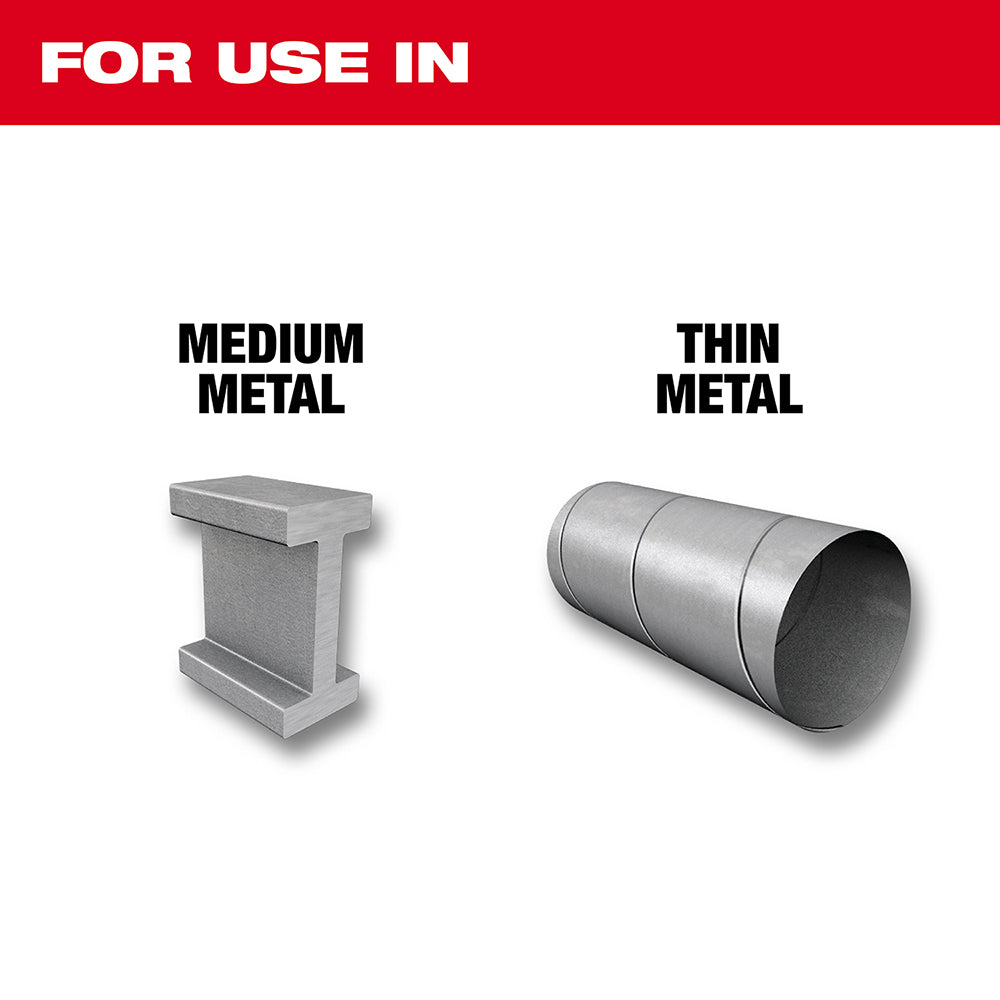 Sawzall blade set application guide showing medium metal beam and thin metal pipe.