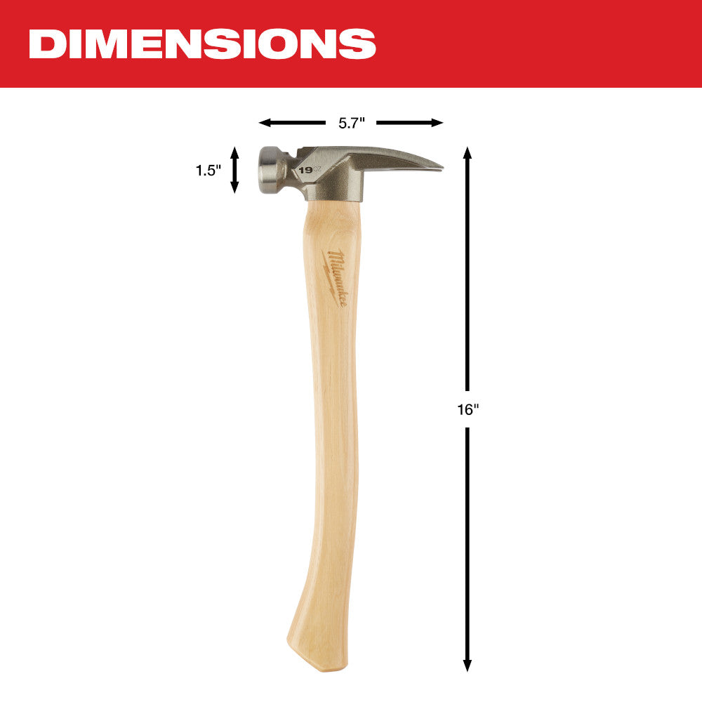 19oz framing hammer with smooth metal face, curved claw, and hickory wood handle, 16 inches long overall.