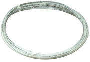 Translucent PEX tubing coiled in a loop with printed specifications along the length.