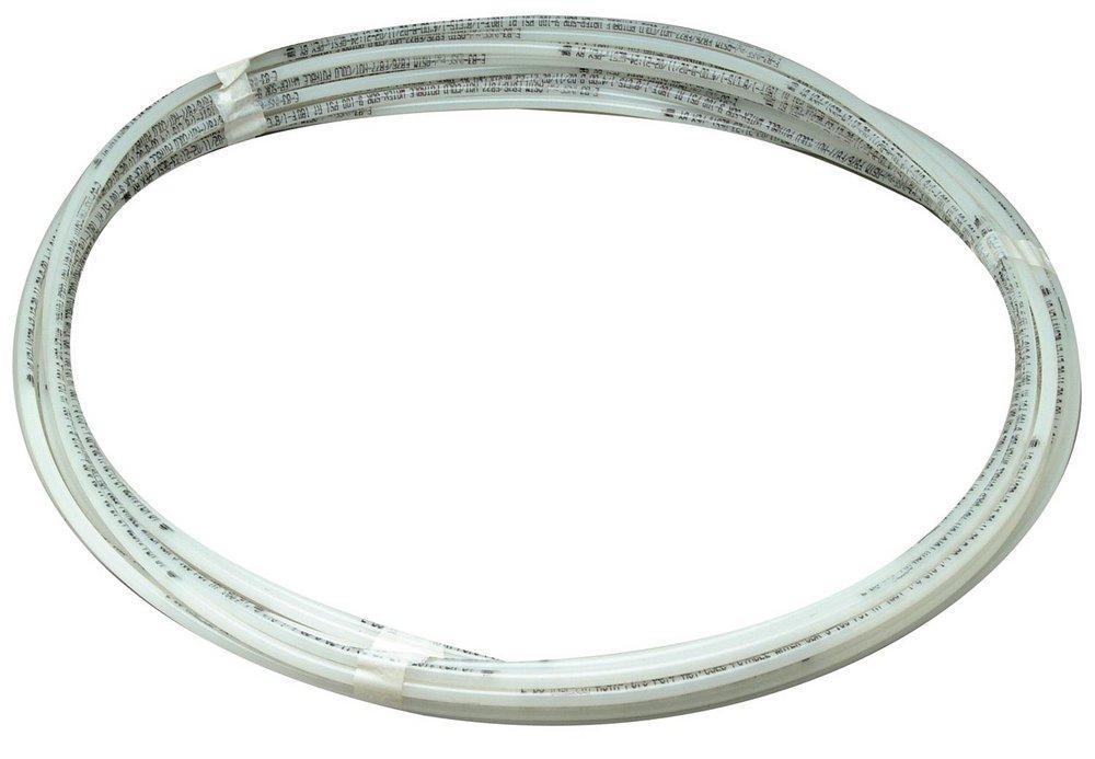 Translucent PEX tubing coiled in a loop with printed specifications along the length.