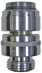 Chrome backflow preventer outdoor faucet with threaded connections and model number 37HA visible on body.
