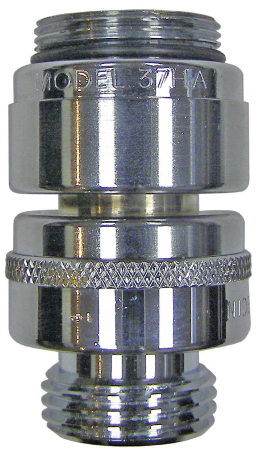 Chrome backflow preventer outdoor faucet with threaded connections and model number 37HA visible on body.