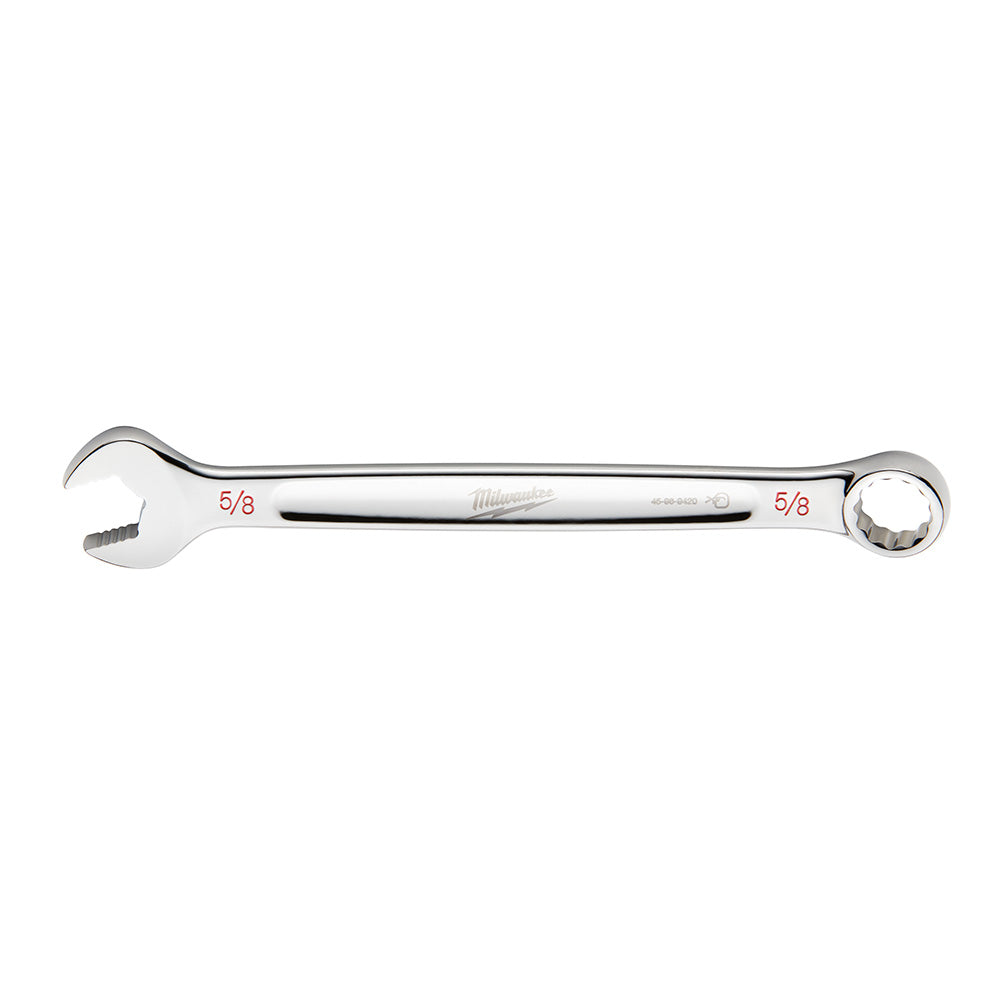 Silver combination wrench with 5/8 inch open and closed ends, marked with red sizing and Milwaukee branding.