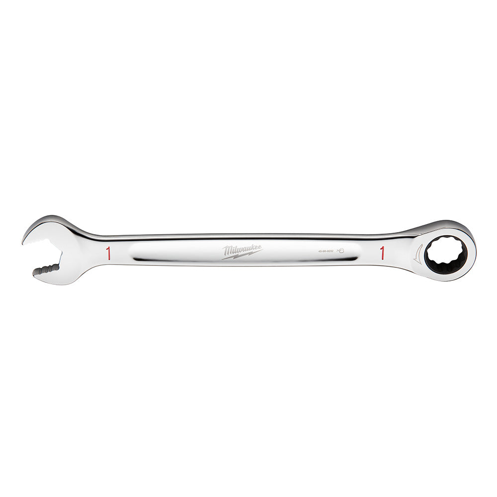 Chrome wrench with open end on left and ratcheting circular head on right, marked with red "1" size indicators.