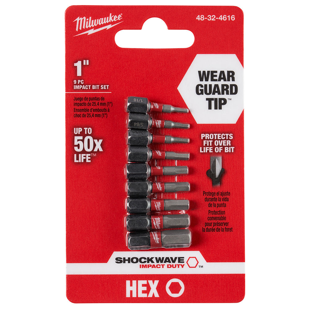 Milwaukee Shockwave 9-piece 1" hex impact bit set with black sockets and gray tips on red packaging card.