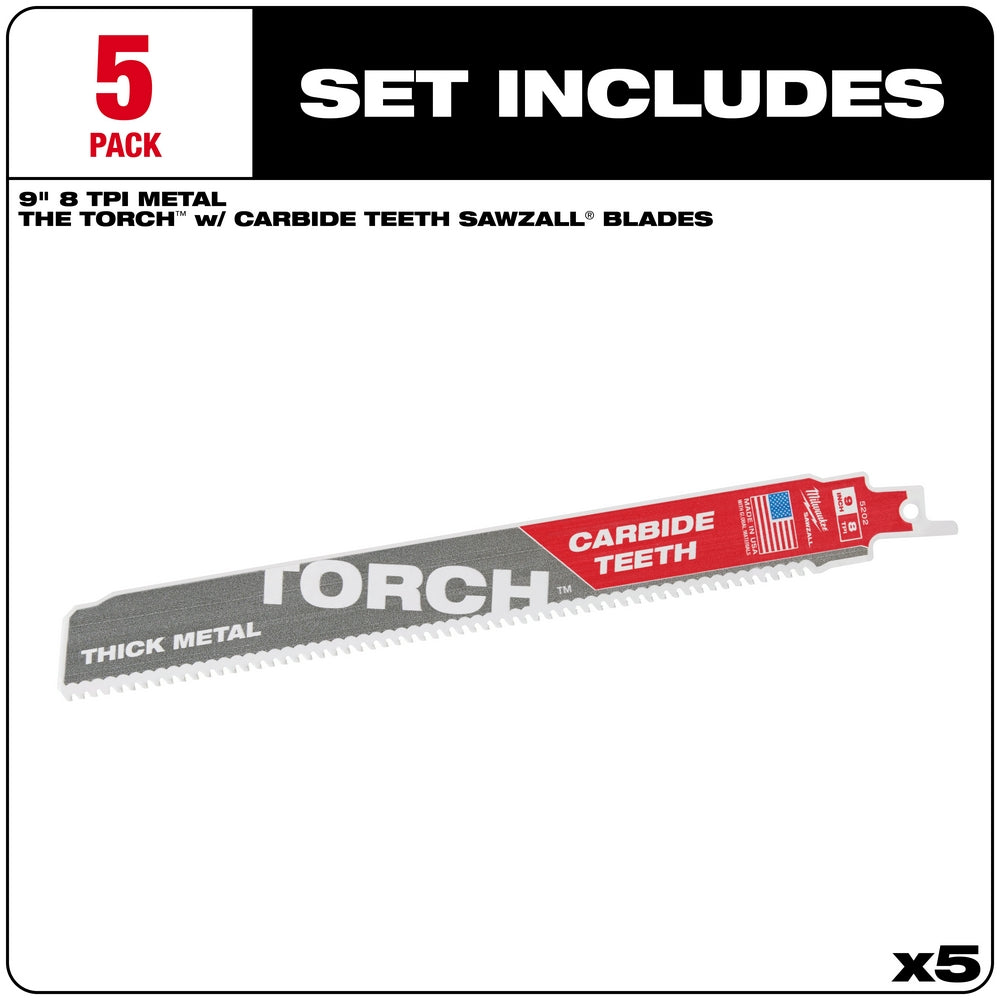 Five 9" reciprocating saw blades with carbide teeth and red plastic handles labeled "TORCH" and "THICK METAL."