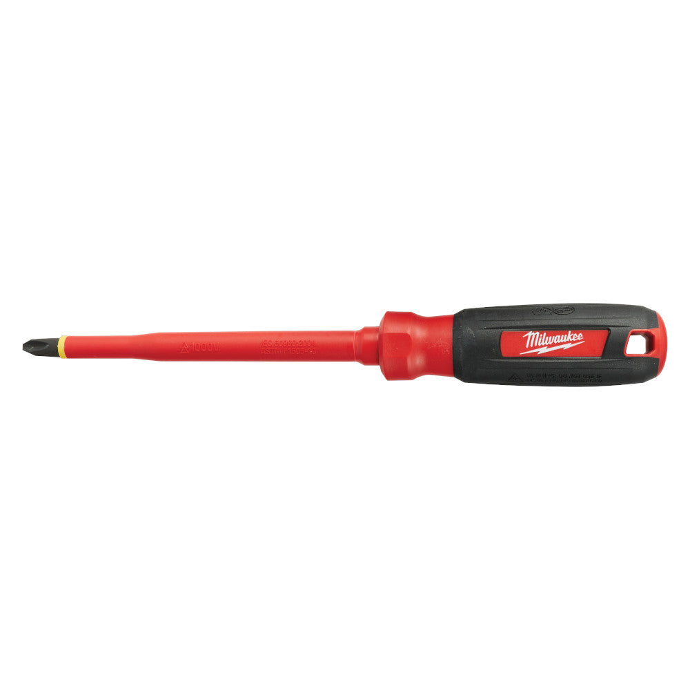 Red and black insulated screwdriver with Phillips head tip and Milwaukee branding on handle.