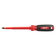 Red and black insulated screwdriver with Phillips head tip and Milwaukee branding on handle.