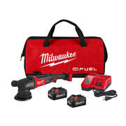 Milwaukee M18 FUEL random orbital polisher kit with red canvas bag, two batteries, charger, and power cord.