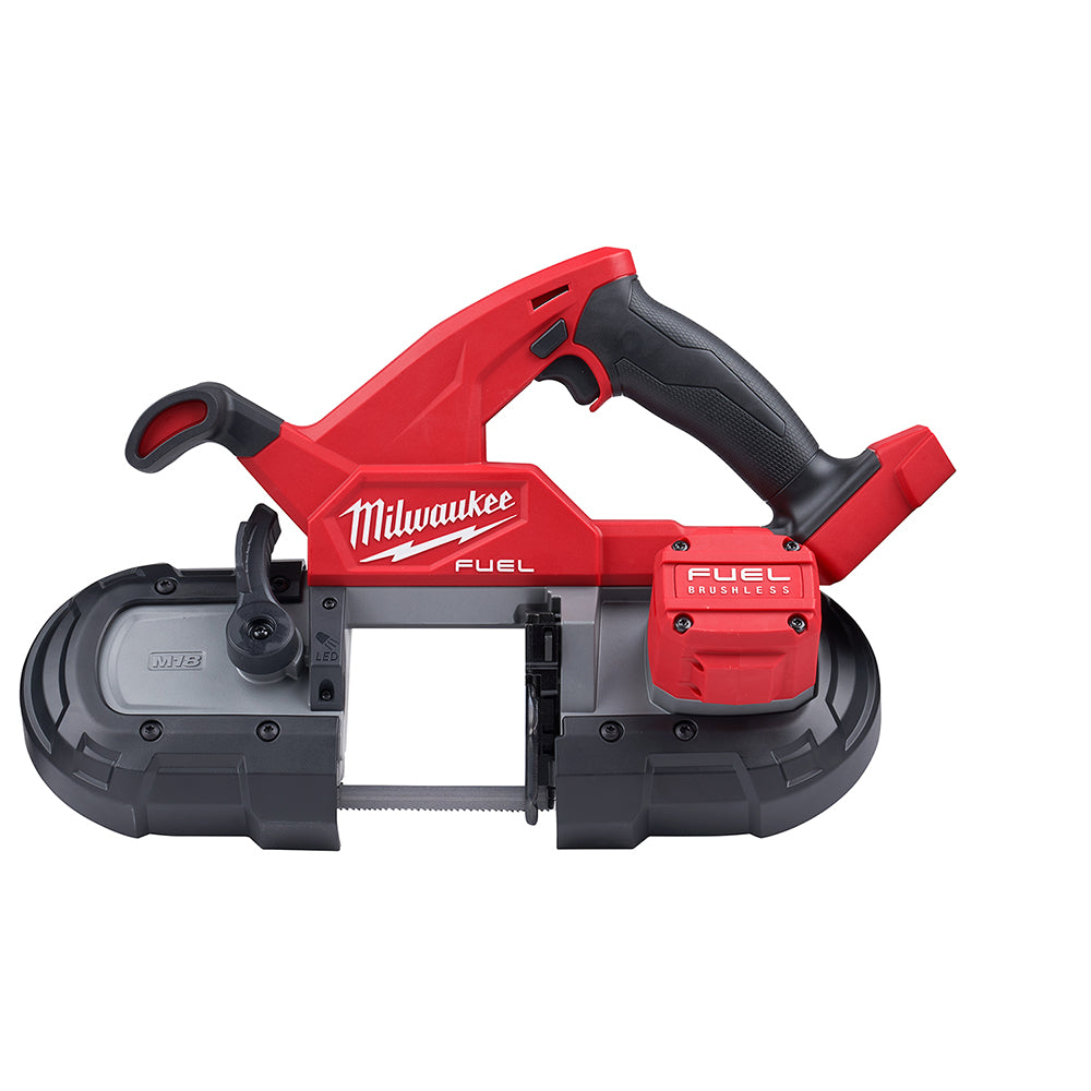 Red and black Milwaukee M18 FUEL compact band saw with dual handles and visible cutting blade.