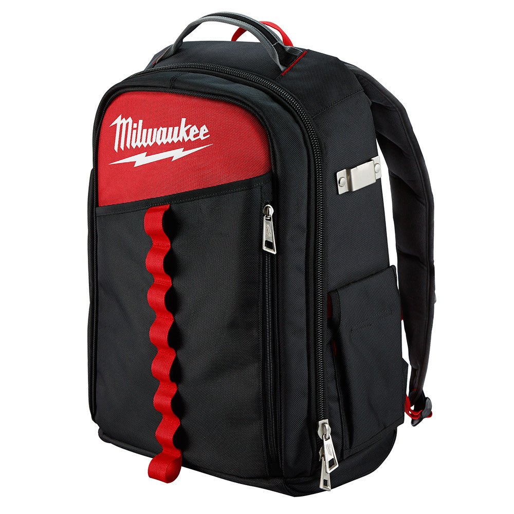 Black and red Milwaukee backpack with front pockets, metal zippers, and padded straps.