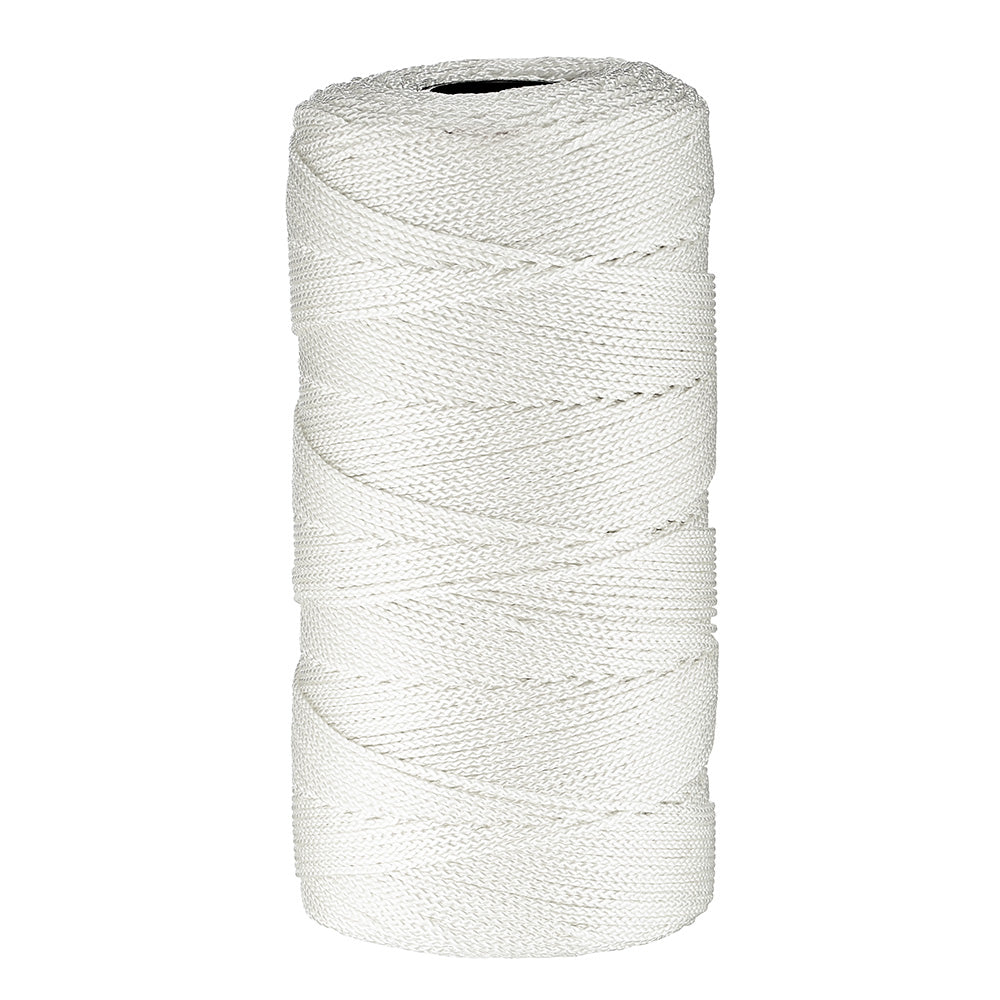 White braided nylon line wound on a spool with a center hole for dispensing.