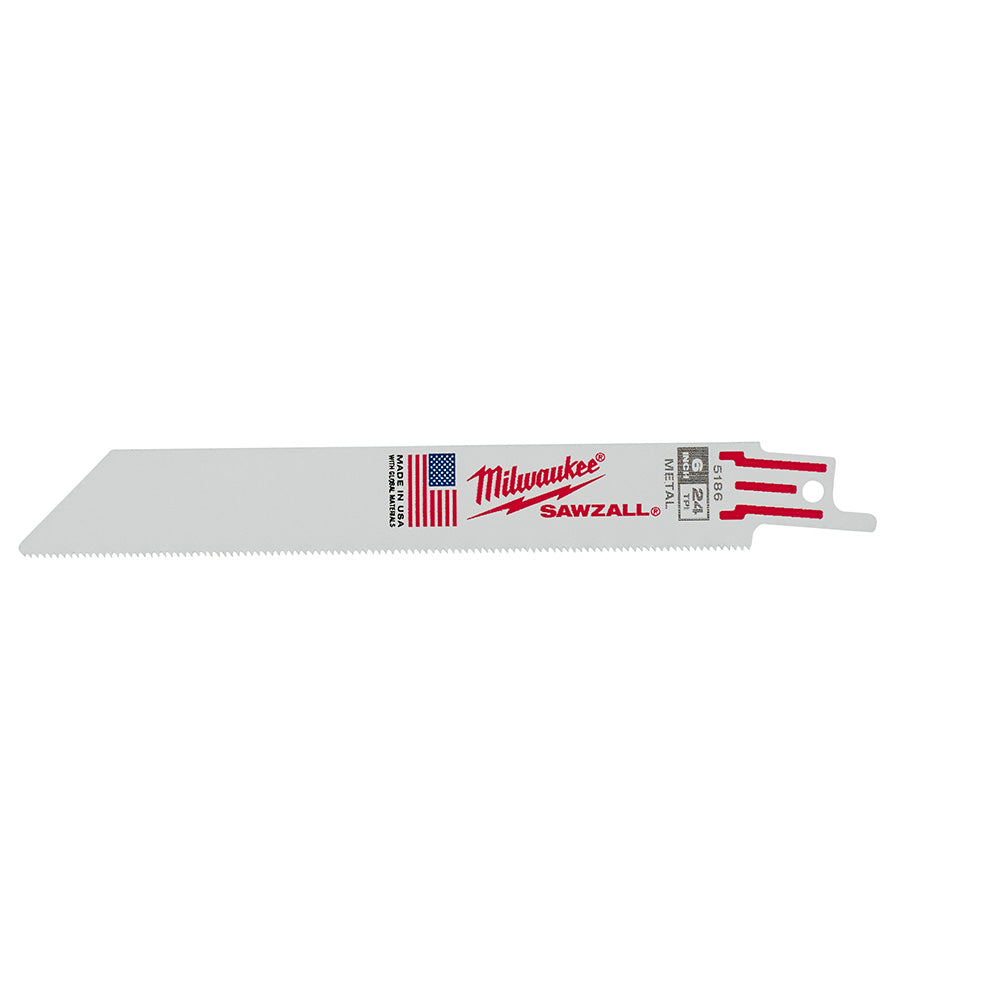 Milwaukee SAWZALL reciprocating saw blade with thin kerf design and fine tooth pattern for precision cutting.