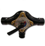 Brass and black 3-way mixing valve with temperature dial and lever handle for hot water system control.