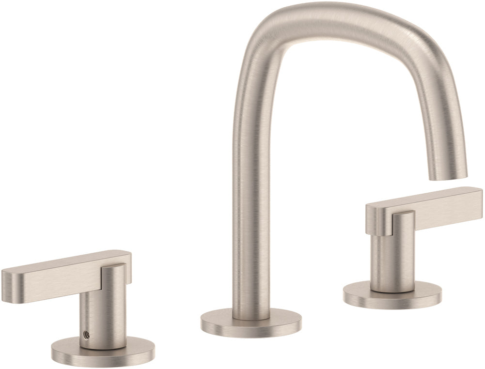 Satin nickel widespread lavatory faucet with curved spout and two lever handles on circular bases.