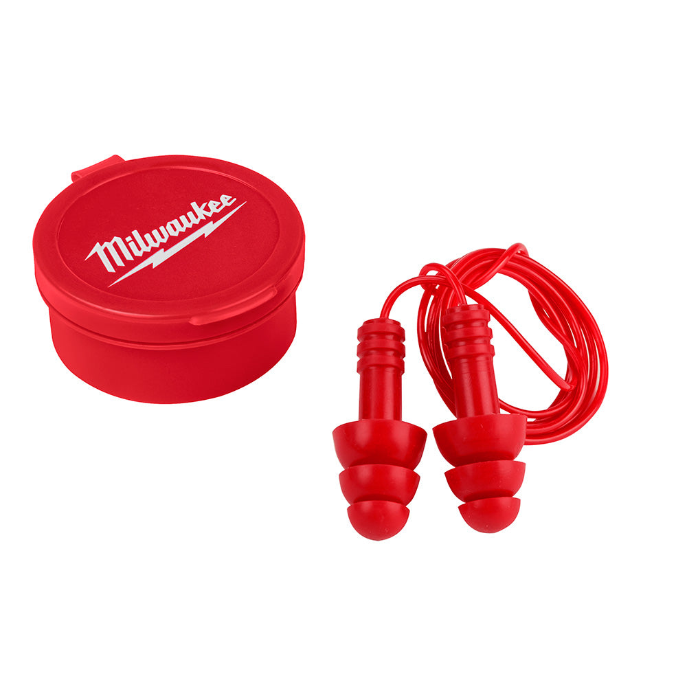 Red corded ear plugs with attached connector cord and red storage case with Milwaukee branding.