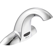 Chrome sensor-activated bathroom faucet with curved spout and infrared sensor opening on body.