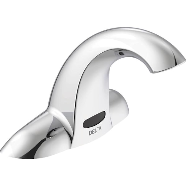 Chrome sensor-activated bathroom faucet with curved spout and infrared sensor opening on body.
