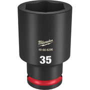 Black Milwaukee deep socket with 6-point opening, red grip band at base, marked 35MM and model number.
