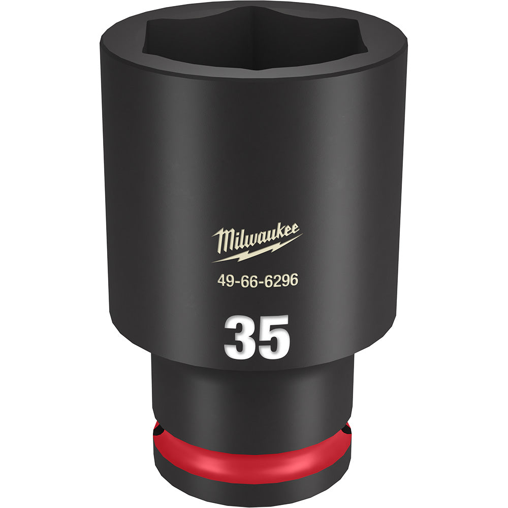 Black Milwaukee deep socket with 6-point opening, red grip band at base, marked 35MM and model number.