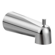 Chrome diverter spout with angled spout and control lever on cylindrical body.