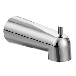 Chrome diverter spout with angled spout and control lever on cylindrical body.