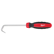 Milwaukee hook hose pick with red and black handle and curved metal hook end.