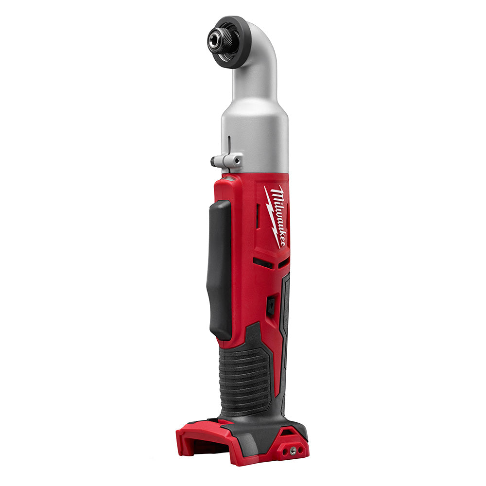 Red and gray Milwaukee M18 right angle impact driver with angled head and black grip handle.
