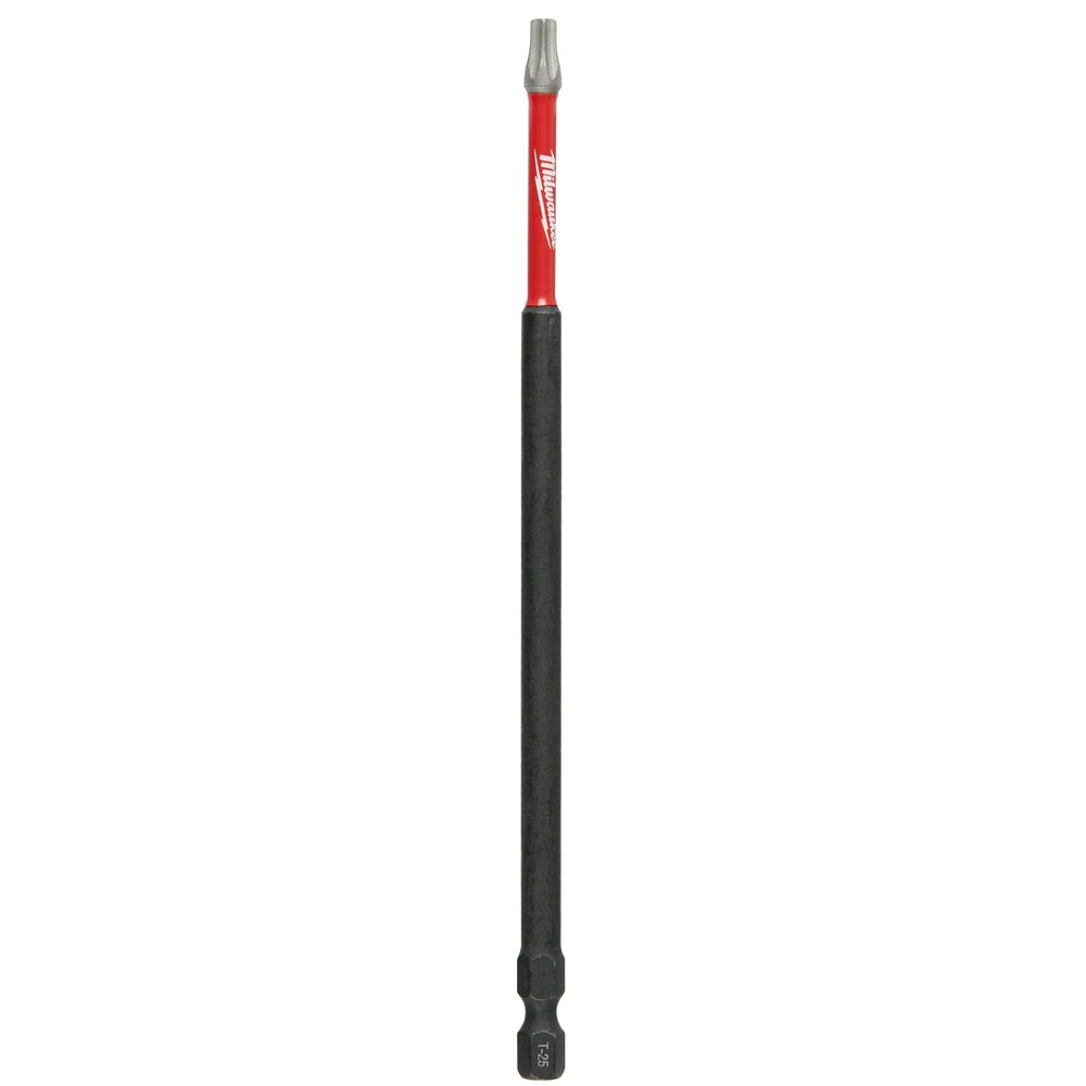Milwaukee Shockwave T25 Torx power bit with red and black shaft, 6 inches long.
