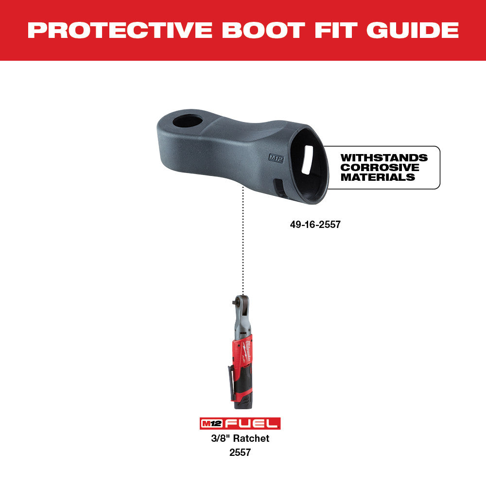 Gray protective boot for Milwaukee M12 FUEL 3/8-inch ratchet with corrosive-resistant material.