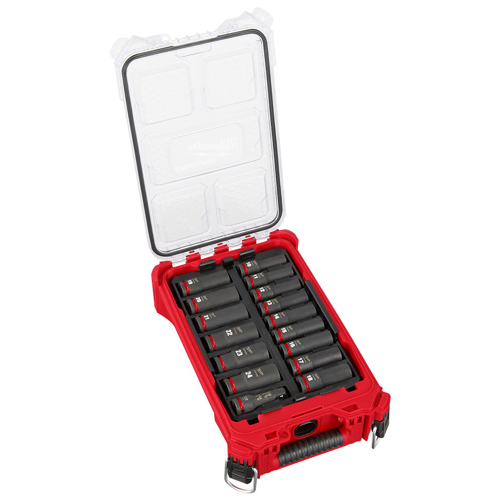 Red PACKOUT case with clear lid containing 16 black metric sockets arranged in two columns.