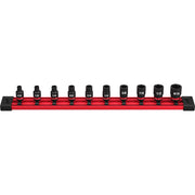Ten black 6-point sockets in various SAE sizes arranged on a red storage rail with black end caps.