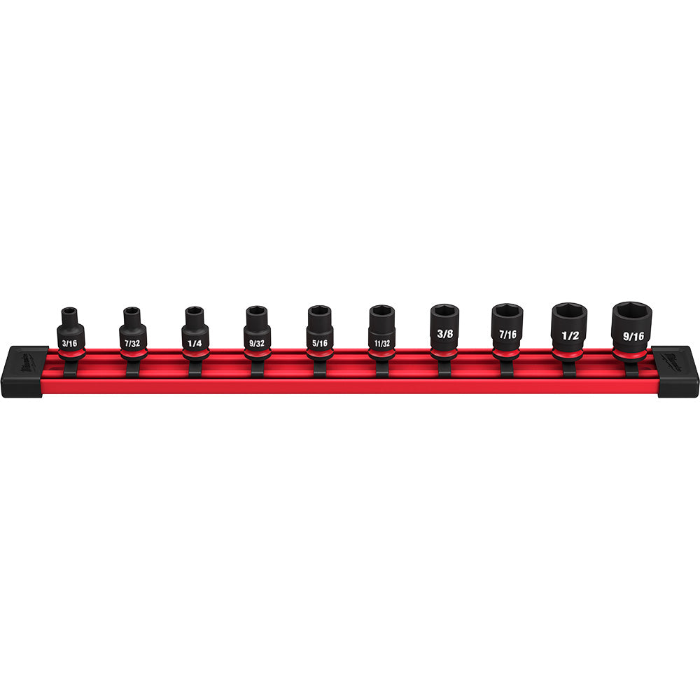 Ten black 6-point sockets in various SAE sizes arranged on a red storage rail with black end caps.