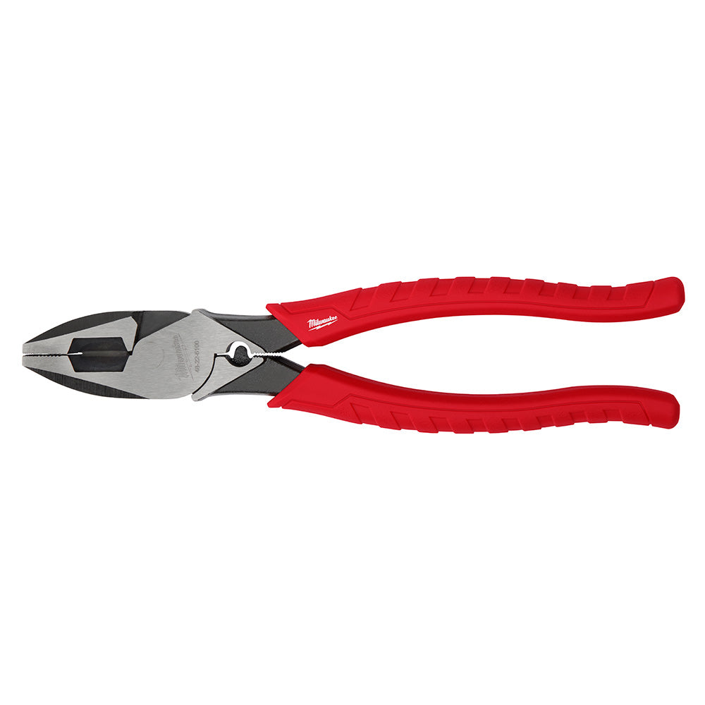 Lineman's pliers with black metal head, red textured handles, and crimper section on jaw.