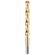 Gold-coated twist drill bit with fluted spiral design and metallic shank, 7/16 inch diameter.
