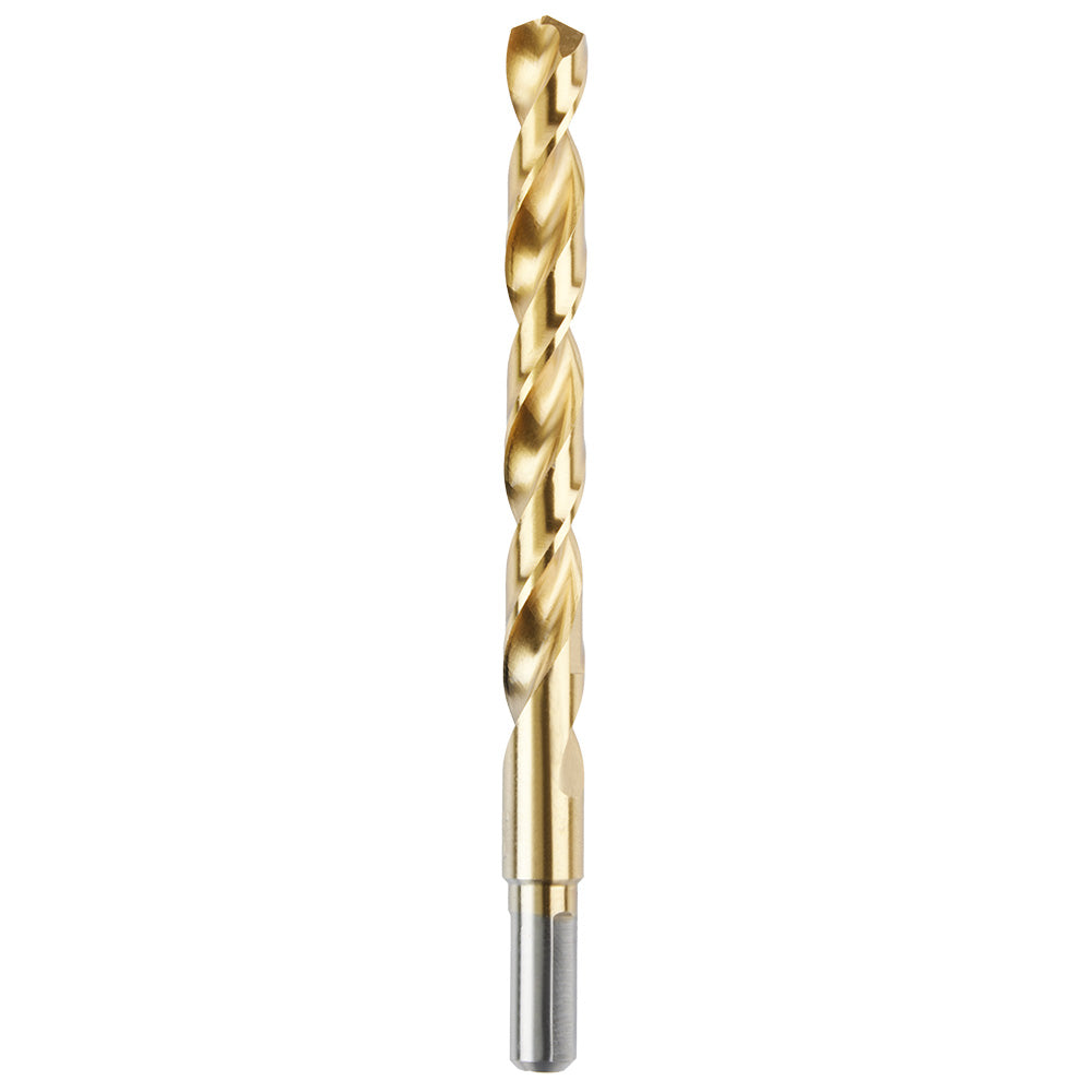 Gold-coated twist drill bit with fluted spiral design and metallic shank, 7/16 inch diameter.