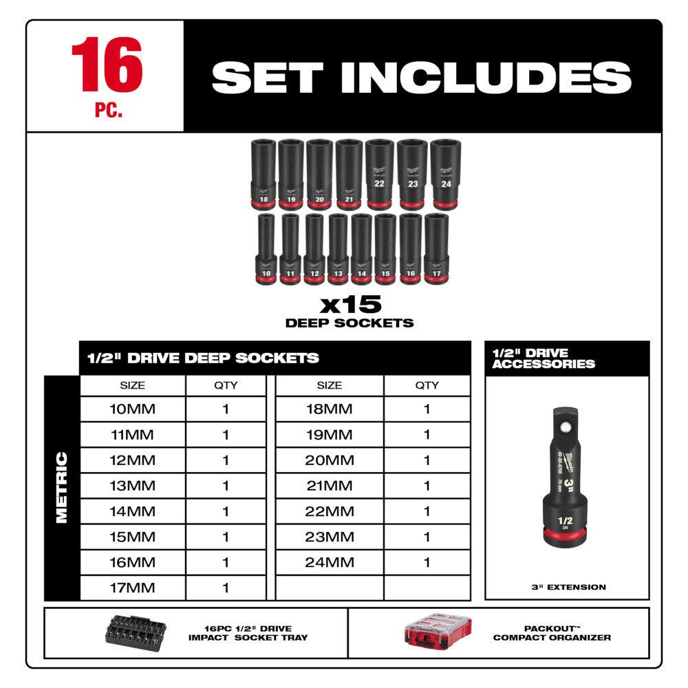 16-piece metric deep socket set with sizes 10-24mm, 3-inch extension, socket tray, and PACKOUT organizer displayed.