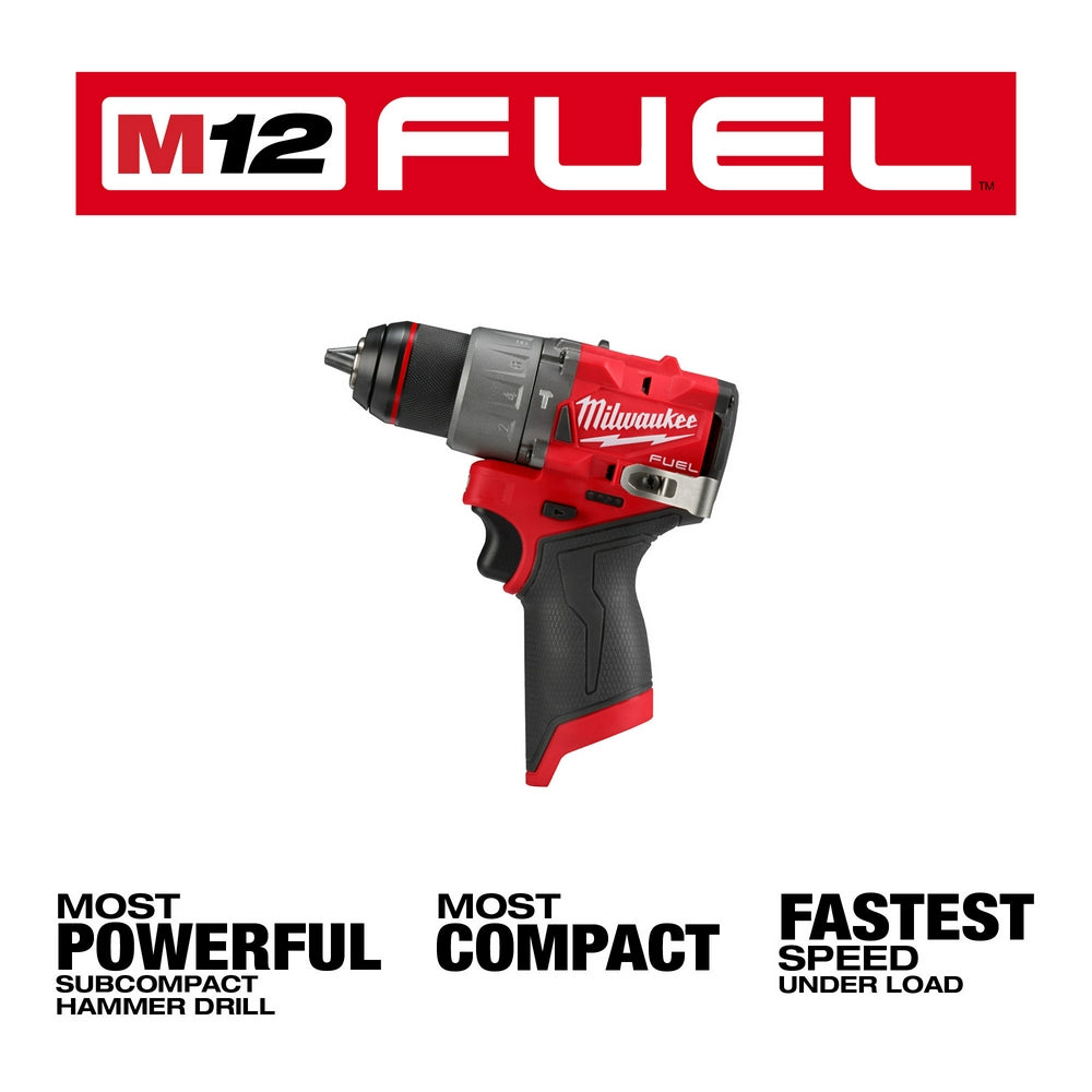 Milwaukee M12 FUEL 1/2" hammer drill/driver with red and black body, shown at angle with chuck forward.