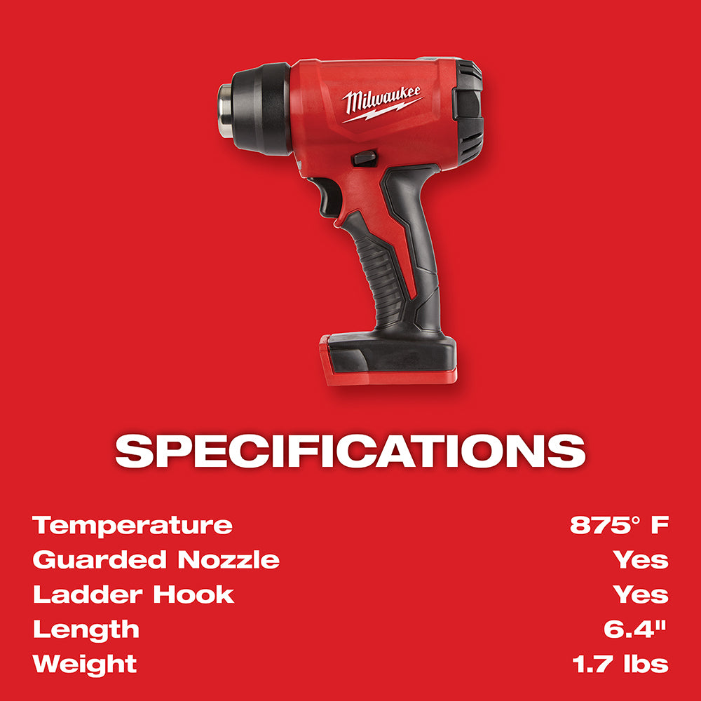 Red and black Milwaukee M18 compact heat gun with pistol grip and cylindrical nozzle attachment.