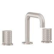 Burnished nickel widespread lavatory faucet with curved spout and textured cylindrical handles on round bases.